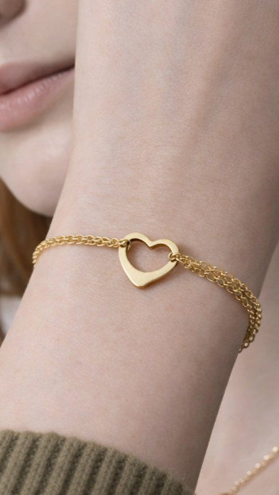 Bracelet cœur doré en acier double mailllon